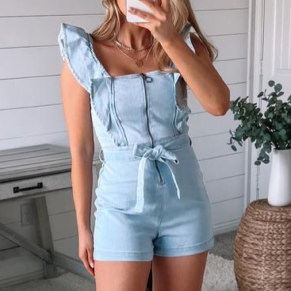 Womens Zip front shortall with ruffles and self tie belt denim